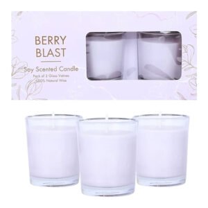 Set of 3 Scented Votive Glass Candles – 100% Natural Soy Wax, Berry Blast Aroma