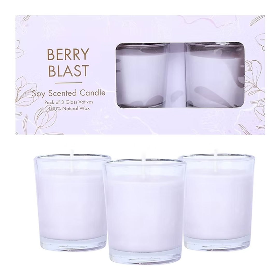 Set of 3 Scented Votive Glass Candles – 100% Natural Soy Wax, Berry Blast Aroma